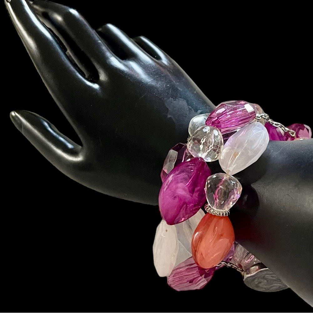 Chunky Pink White Clear Orange Silver Triple Strand Stretch Statement Bracelet